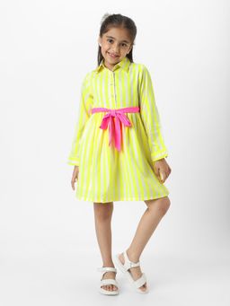 Nautinati - Girls Yellow Striped Full Sleeves Collar Neck Casual Wear Knee Length Dress