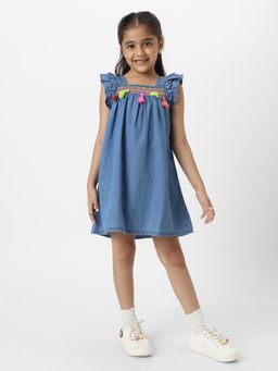 Nautinati - Girls Embroidered Taselled Sleeveless Casual Wear Denim Dress