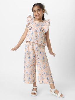 Nautinati - Girls Peach Linen Floral Frill Sleeve Top and Matching Trouser (Set of 2)