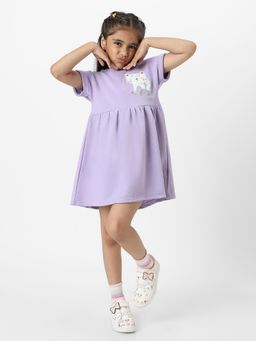 Nautinati - Girls Lavender Cat Printed Kimono Sleeves A-Line Frock