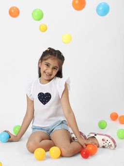 Nautinati - Girls White and Navy Heart Patch Frill Sleeve Everyday Wear Crepe Top