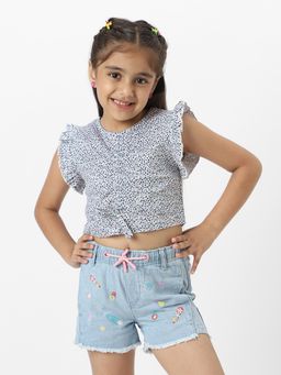 Nautinati - Girls White & Blue Frill Sleeve Printed Everyday Wear Knit Top