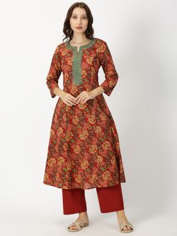 Saffron Threads - Red Floral Print Neck Embroidery Kurta