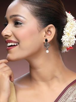 ADIVA - Rhodium-Plated Black and Cz Stones Embellished Classic Drop Earrings