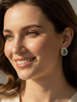 ADIVA - Antique Gold-Plated Blue Onyx Stone Intricate Textured Edged Stud Earrings