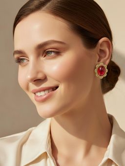 ADIVA - Antique Gold-Plated Red Sapphire Stone Oval Floral Pattern Stud Earrings