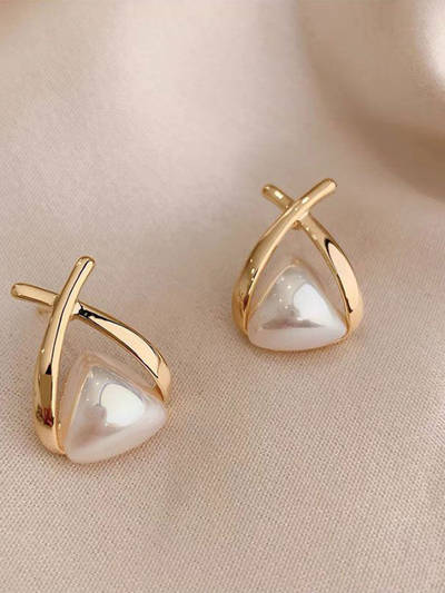 Gold Metal Cross Pearl Drop Earrings