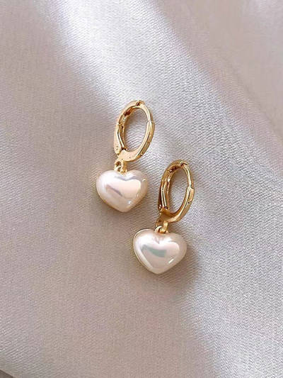 Gold Metal Pearl Heart Hoop Earrings