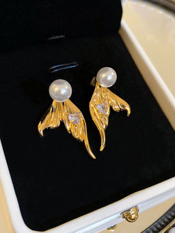 Stol'N - Gold Pearl Fishtail Drop Earrings