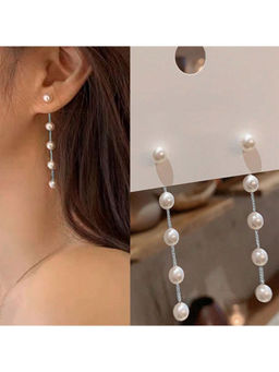 Stol'N - Silver Pearl Long Chain Tassel Drop Earrings