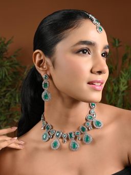 I Jewels - Green Silver-Plated Kundan-Studded Jewellery Set