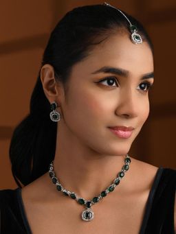 I Jewels - Green Silver-Plated Stone-Studded Jewellery Set