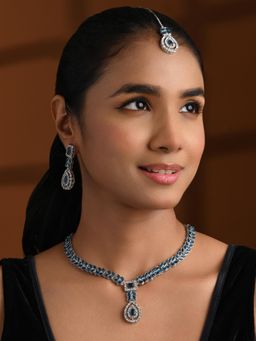 I Jewels - Silver Plated Blue Stone Studded Jewellery Set