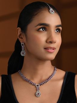 I Jewels - Silver Plated Wine Stone Studded Jewellery Set