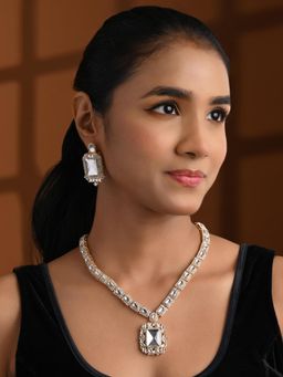 I Jewels - White Gold-Plated Artificial Stones Studded Jewellery Set