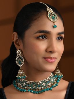 I Jewels - Gold Plated Traditional Kundan Pearl Choker Necklace Jewellery Set