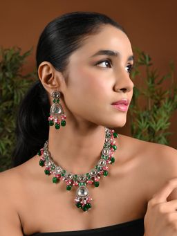 I Jewels - Silver-Plated Kundan Studded And Pearls Jewellery Set