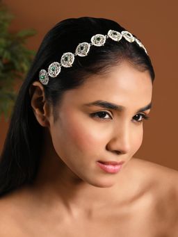 I Jewels - Green Gold Plated Floral Kundan Pearl Sheesh Patti