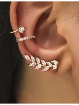 Stol'N - Golden Metal Diamond Leaf Ear Cuff (Pack Of 3)