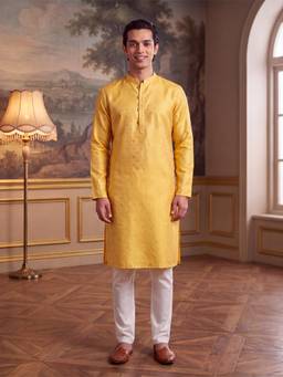 ETHNIC BAY - Yellow Woven Jacquard Kurta and Trouser