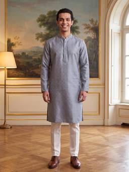 ETHNIC BAY - Grey Woven Jacquard Kurta and Trouser