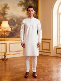 ETHNIC BAY - White Woven Pure Cotton Kurta and Trouser