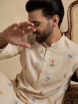 ETHNIC BAY - Beige Embroidered Linen Blend Kurta