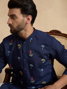 ETHNIC BAY - Navy Blue Embroidered Silk Blend Kurta