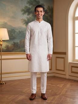 ETHNIC BAY - White Woven Cotton Kurta