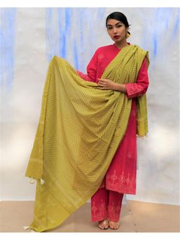 Chidiyaa - SKD Parrot Green Handprinted Pure Cotton Dupatta