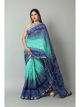 KISHORI - Womens Bandhani and Banarasi Saree and Blouse Fabric-Green-Blue