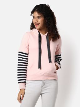 Campus Sutra - Womens Striped Hoodie Sweatshirt Pink