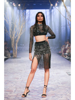 Nirmooha - Sheer Net Skirt with Hand Embellished Black