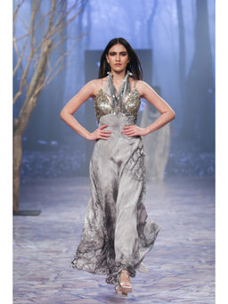 Nirmooha - Printed Slip Dress with Plunge Neckline & Hand Embellished Grey