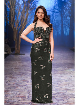 Nirmooha - Emerald Halter Neck Sequenced Gown with Back Slit Green