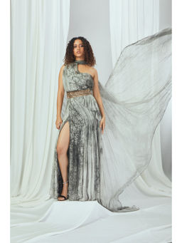 Nirmooha - Forest Printed One Shoulder Dress with Hand Embellished Waist Band & Tail Grey