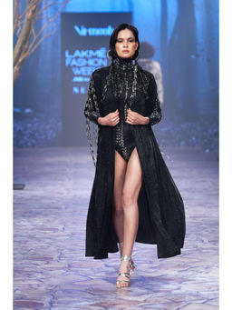 Nirmooha - Shimmer Turtle Neck Body Suit with Hand Embellished Black