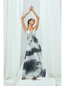 Nirmooha - Landscape Printed Slip Dress with Plunging Neck & Hand Embellished Grey
