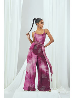 Nirmooha - Ruby Printed Hand Embellished Jumpsuit with Lurex Printed Belt Purple