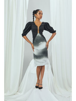 Nirmooha - Shimmer V-Neck Dress with Landscape Printed Bottom & Balloon Sleeves Black