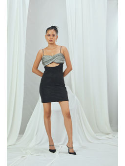 Nirmooha - Landscape Printed Criss Cross Bustier Attached Shimmer Bottom Mini Dress Grey