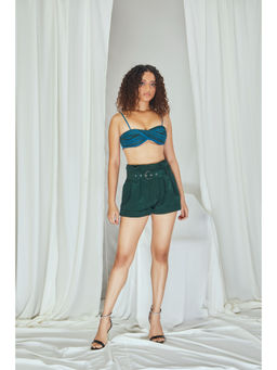 Nirmooha - Emerald Paper Bag Waist Shorts with Belt Green (Set of 2)
