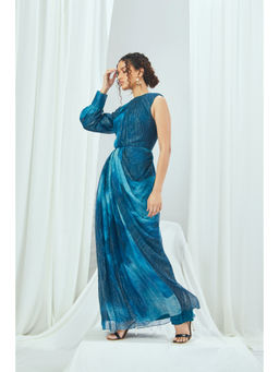 Nirmooha - Jade Blue Blotched Printed Drape Maxi Dress with One Shoulder