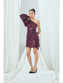Nirmooha - Ruby Sequin Balloon Sleeve Draped Mini Dress with Belt Burgundy (Set of 2)