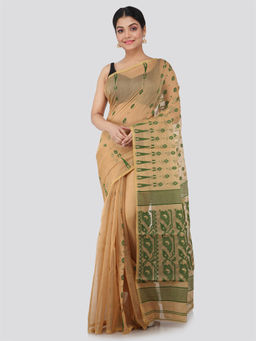 PinkLoom - Womens Soft Cotton Blend Jamdani Saree without Blouse -Beige