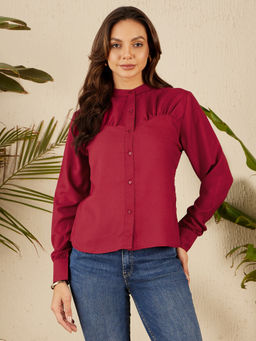 RARE - Women Casual Wine Mandarin Collar Solid Shirt