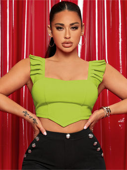 RARE - Women Casual Green Square Neck Solid Fitted Top