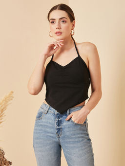 RARE - Women Casual Black Halter Neck Solid Fitted Top