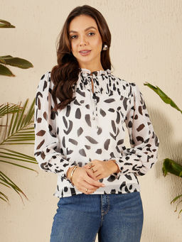 RARE - Women Casual White Keyhole Neck Printed Regular Top