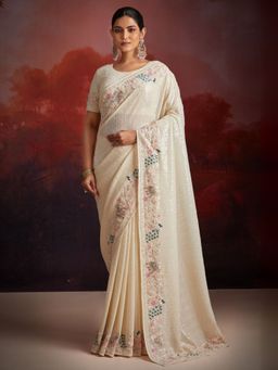 Odette - Women Off White Embroidered Saree with Unstitched Blouse